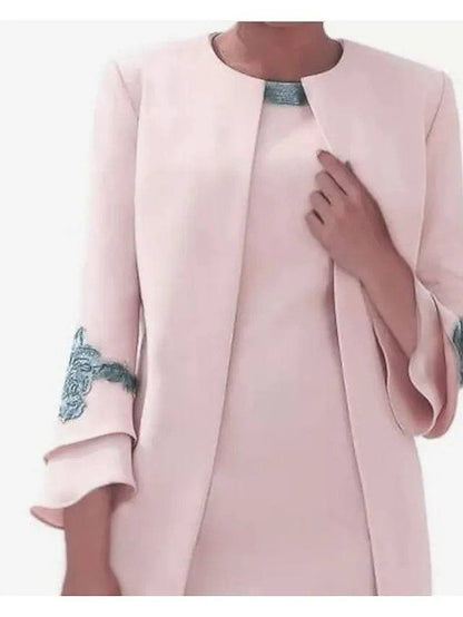 Sheath / Column Mother of the Bride Dress Elegant Jewel Neck Knee Length Satin Long Sleeve with Embroidery - RongMoon