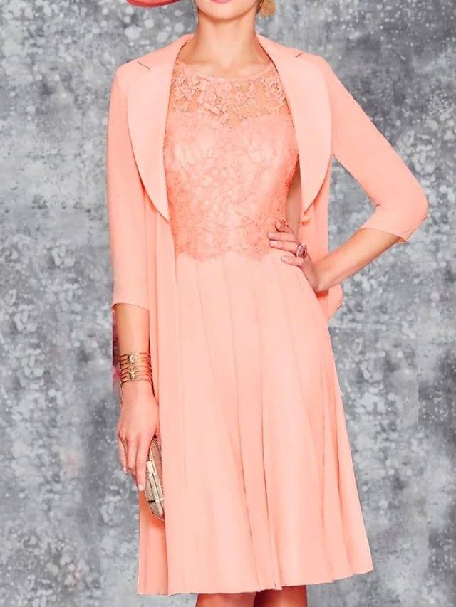 Two Piece A-Line Mother of the Bride Dress Elegant Jewel Neck Knee Length Chiffon 3/4 Length Sleeve with Pleats Embroidery - RongMoon