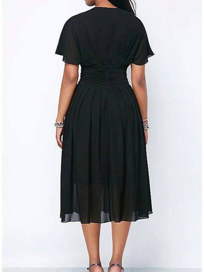 A-Line Mother of the Bride Dress Elegant V Neck Tea Length Chiffon Satin Short Sleeve with Sash / Ribbon Pleats - RongMoon