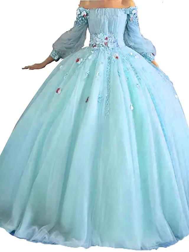 Ball Gown Elegant Floral Quinceanera Prom Dress Off Shoulder Long Sleeve Floor Length Tulle with Pleats Appliques - RongMoon