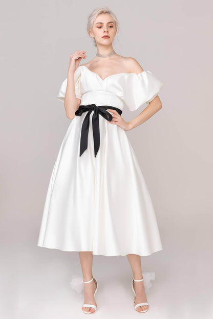 A-Line Tea Length Satin Wedding Dress CW2407