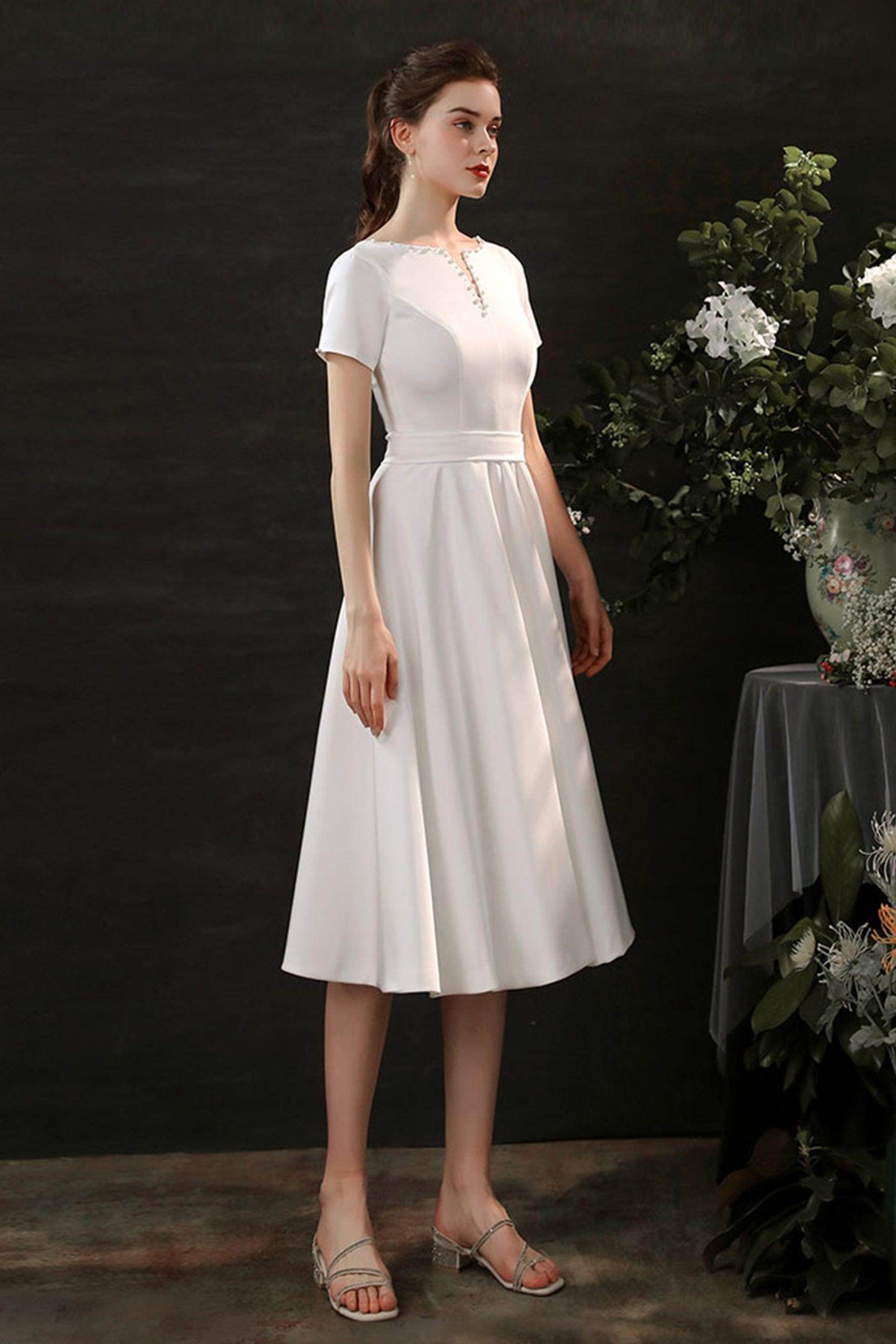 Sheath-Column Tea Length Satin Wedding Dress CW2694