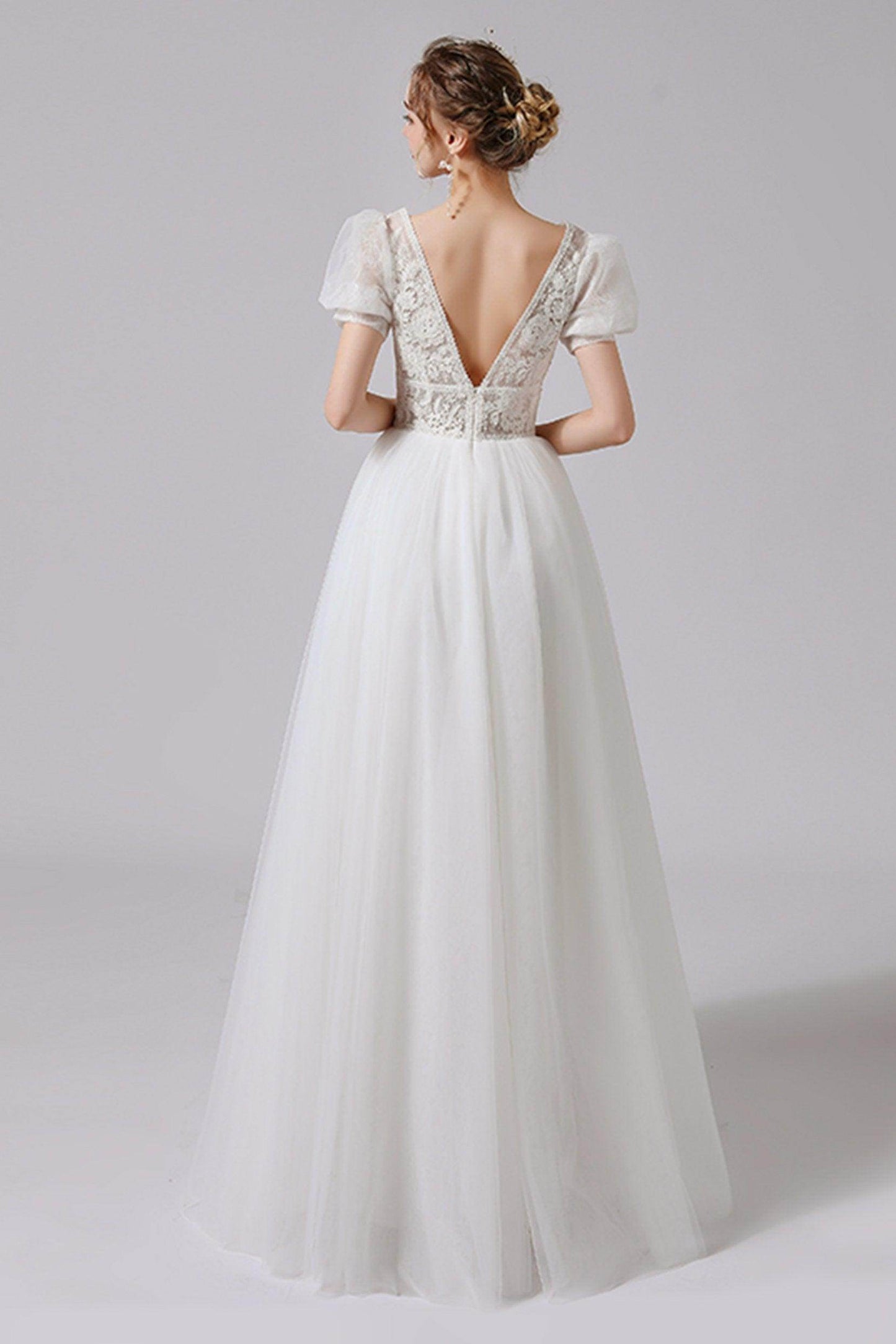 A-Line Floor Length Lace Tulle Wedding Dress CW2707