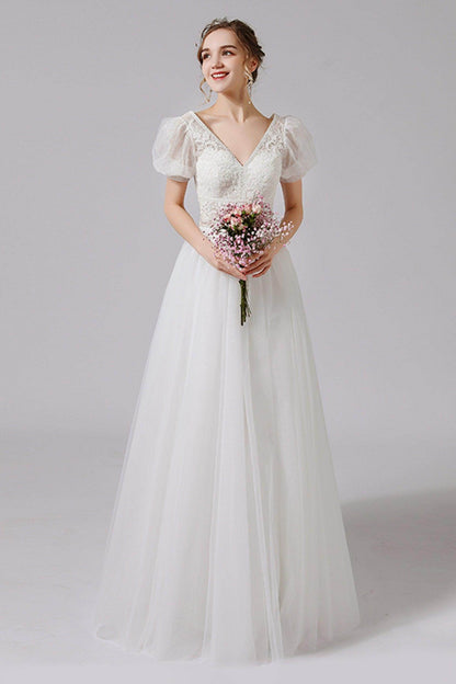 A-Line Floor Length Lace Tulle Wedding Dress CW2707
