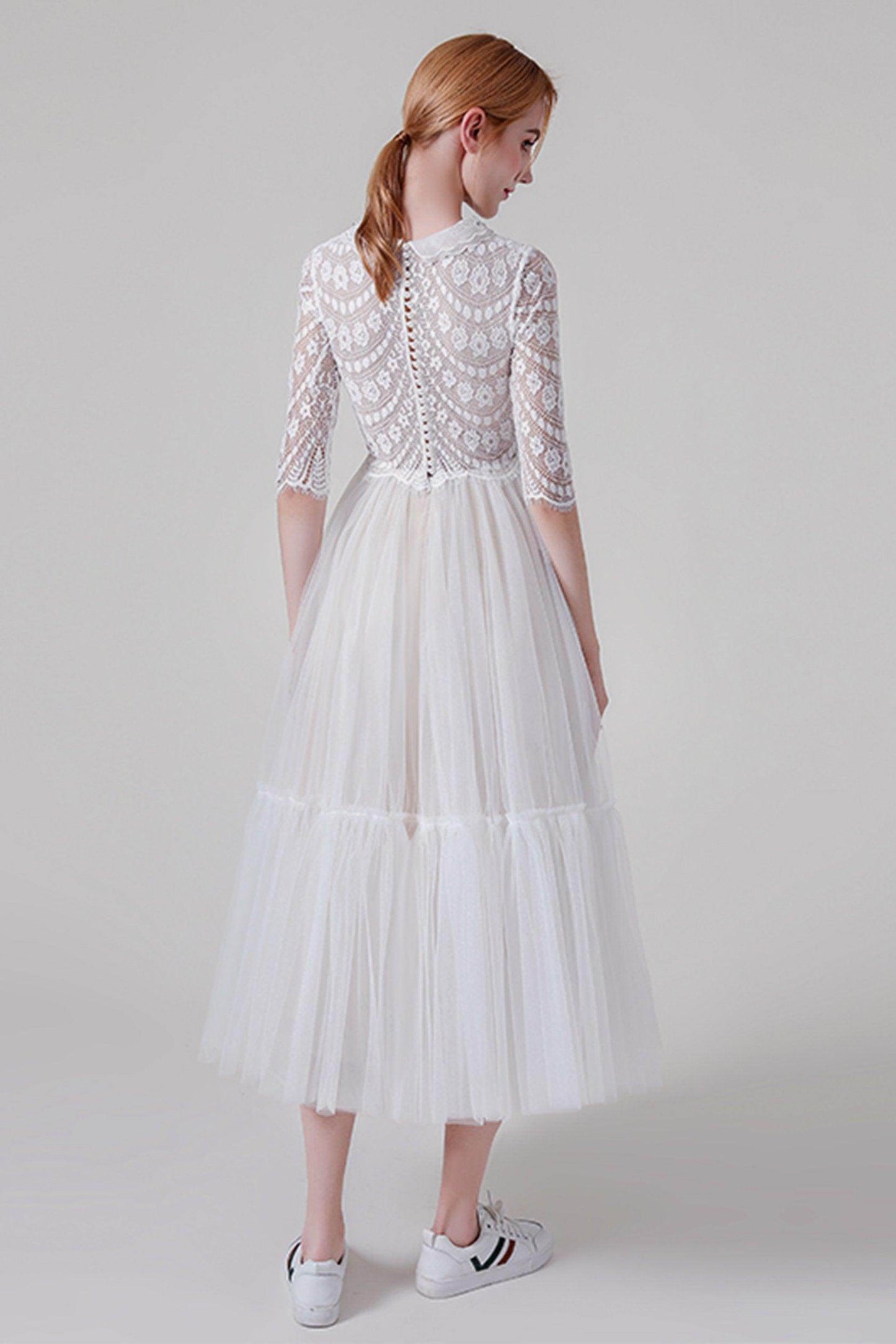 A-Line Tea Length Lace Tulle Wedding Dress CW2738