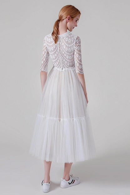 A-Line Tea Length Lace Tulle Wedding Dress CW2738