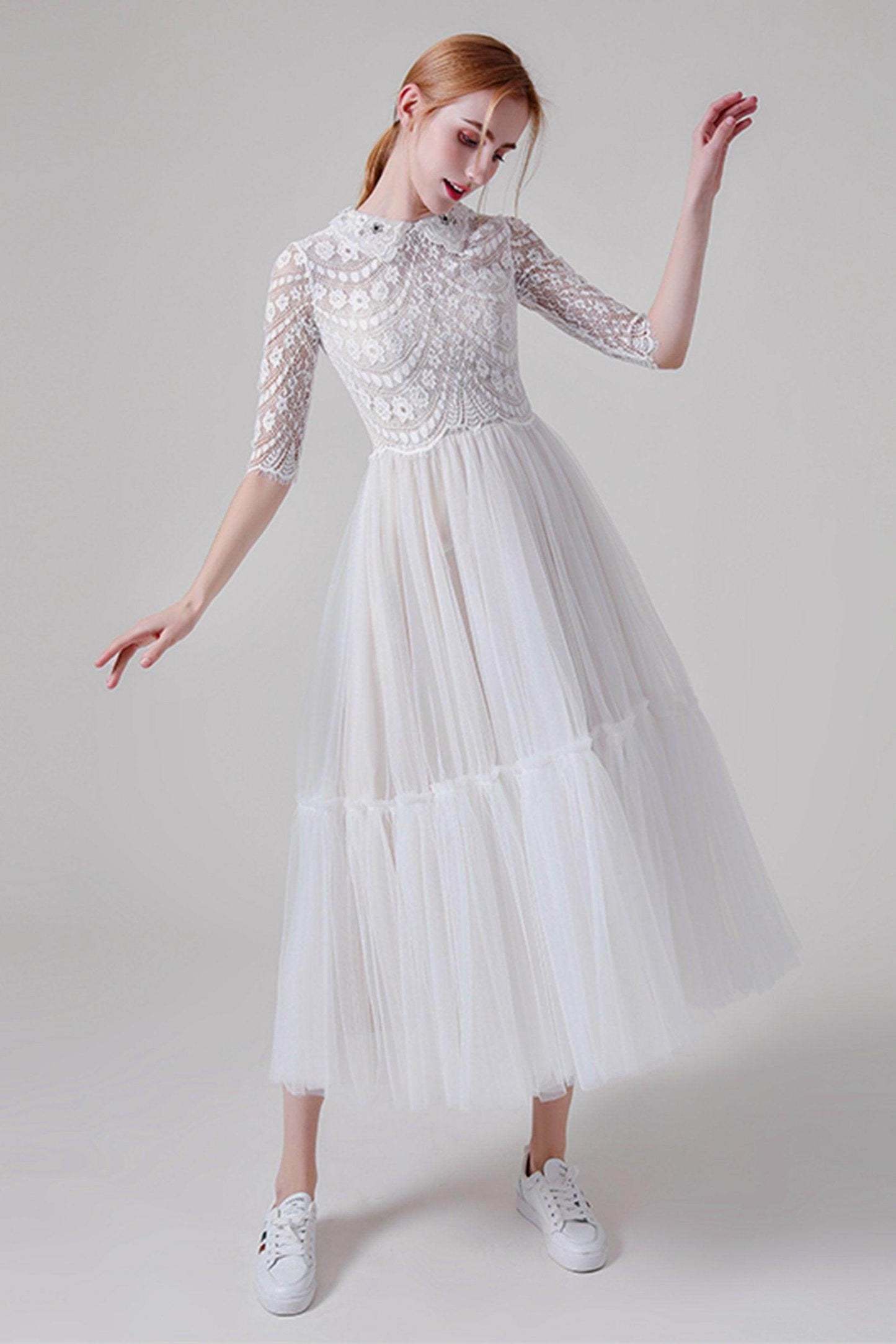 A-Line Tea Length Lace Tulle Wedding Dress CW2738