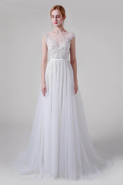 A-Line Sweep-Brush Train Lace Tulle Wedding Dress CW2739