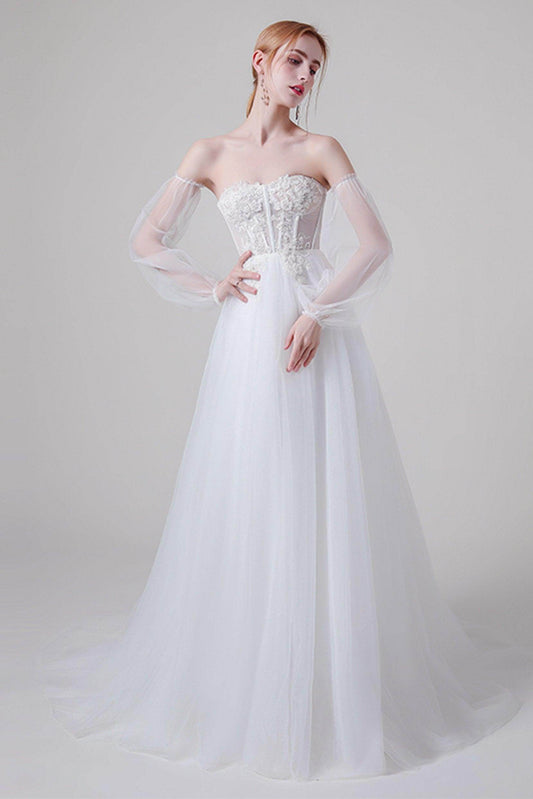 A-Line Floor Length Lace Tulle Wedding Dress CW2744