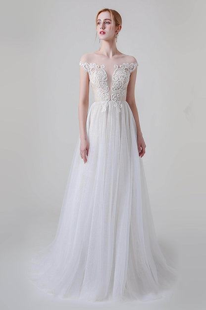 A-Line Sweep-Brush Train Lace Tulle Wedding Dress CW2748