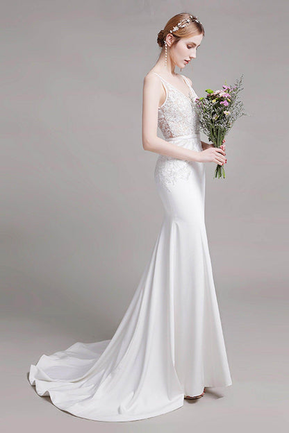 Mermaid Sweep Train Lace Stretch Satin Wedding Dress CW2762