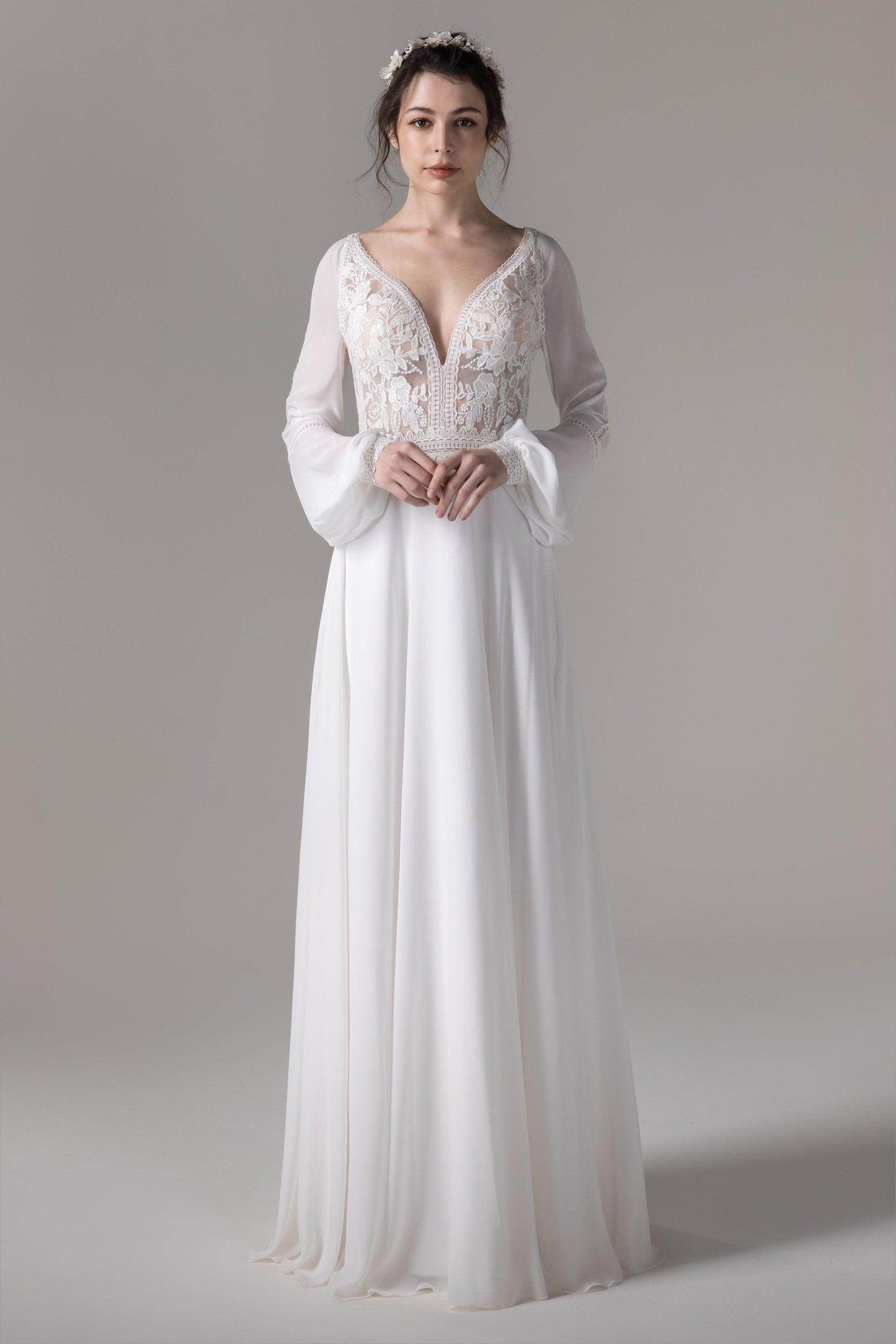 A-Line Floor Length Lace Chiffon Wedding Dress CW2778