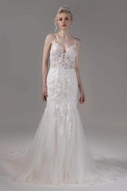 Trumpet-Mermaid Court Train Lace Tulle Wedding Dress CW2797
