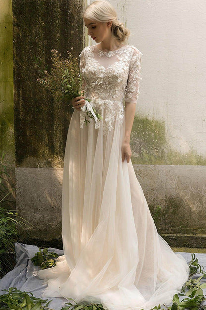 A-Line Sweep-Brush Train Tulle Wedding Dress CW3019
