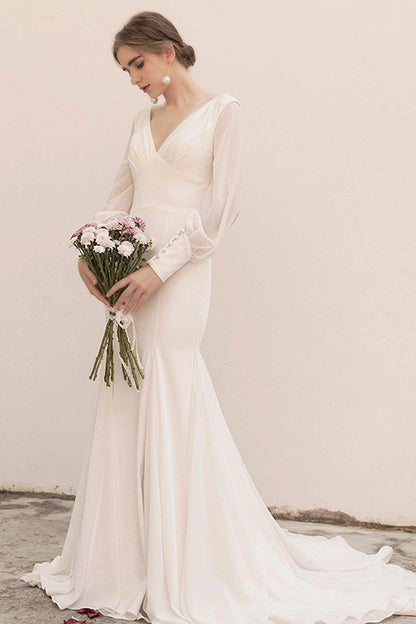 Sweep-Brush Train Satin Chiffon Wedding Dress CW3038