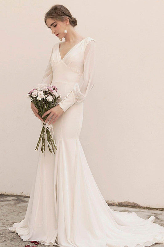 Sweep-Brush Train Satin Chiffon Wedding Dress CW3038