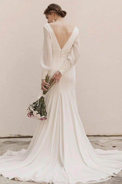 Sweep-Brush Train Satin Chiffon Wedding Dress CW3038