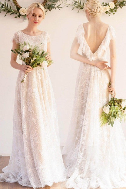 A-Line Sweep-Brush Train Lace Wedding Dress CW3043