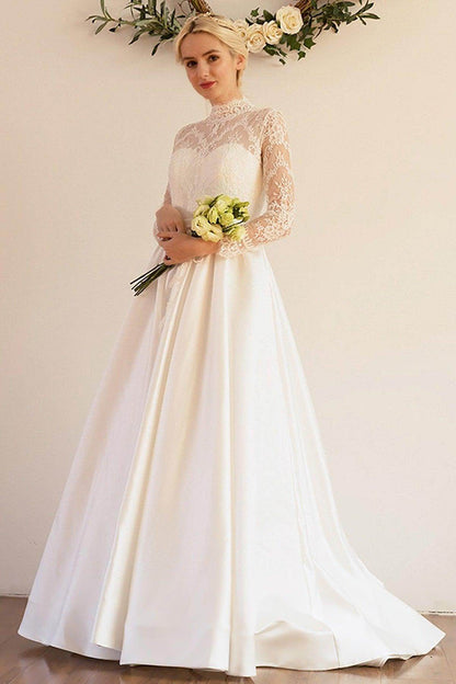 A-Line Sweep-Brush Train Lace Satin Wedding Dress CW3044