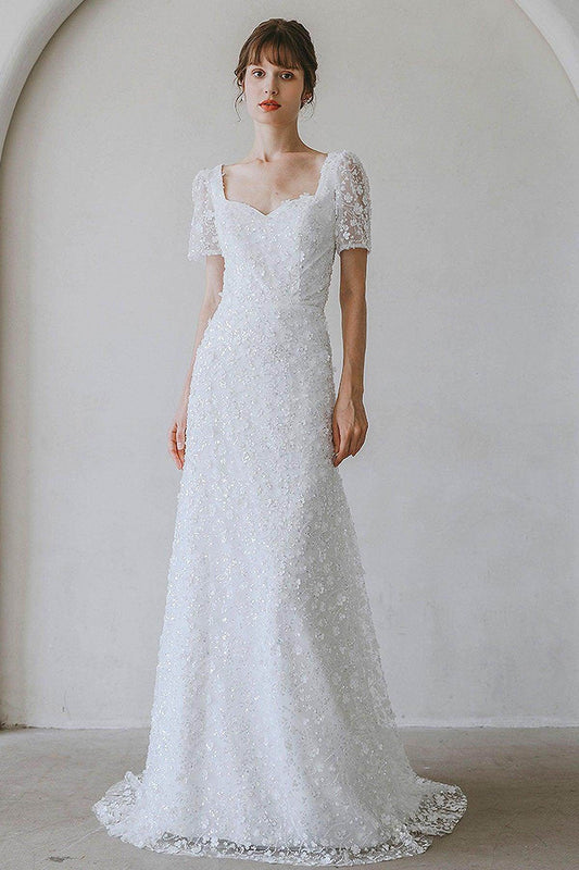 Sheath-Column Sweep-Brush Train Lace Wedding Dress CW3057