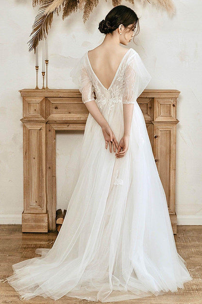 A-Line Sweep-Brush Train Lace Tulle Wedding Dress CW3061