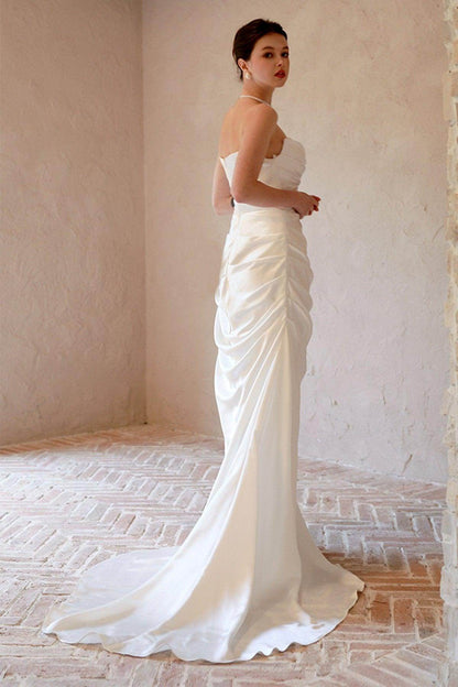 Sheath-Column Sweep-Brush Train Satin Wedding Dress CW3067