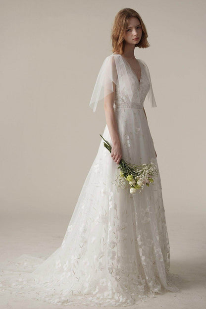 A-Line Sweep-Brush Train Lace Tulle Wedding Dress CW3085