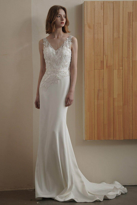 Trumpet-Mermaid Court Train Lace Satin Wedding Dress CW3089