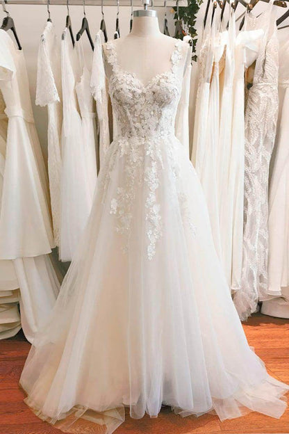 A-Line Sweep-Brush Train Lace Tulle Wedding Dress CW3101