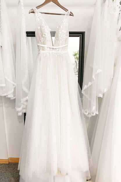A-Line Sweep-Brush Train Lace Tulle Wedding Dress CW3102