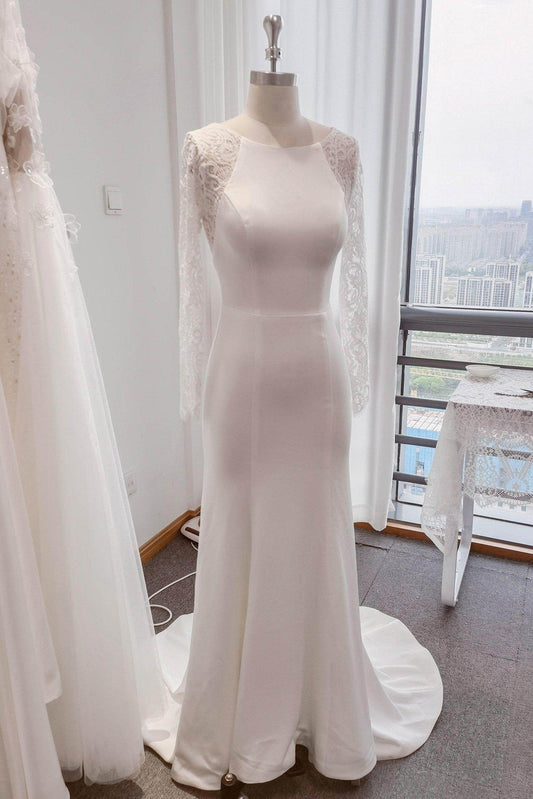 Trumpet Sweep-Brush Train Lace Satin Wedding Dress CW3110