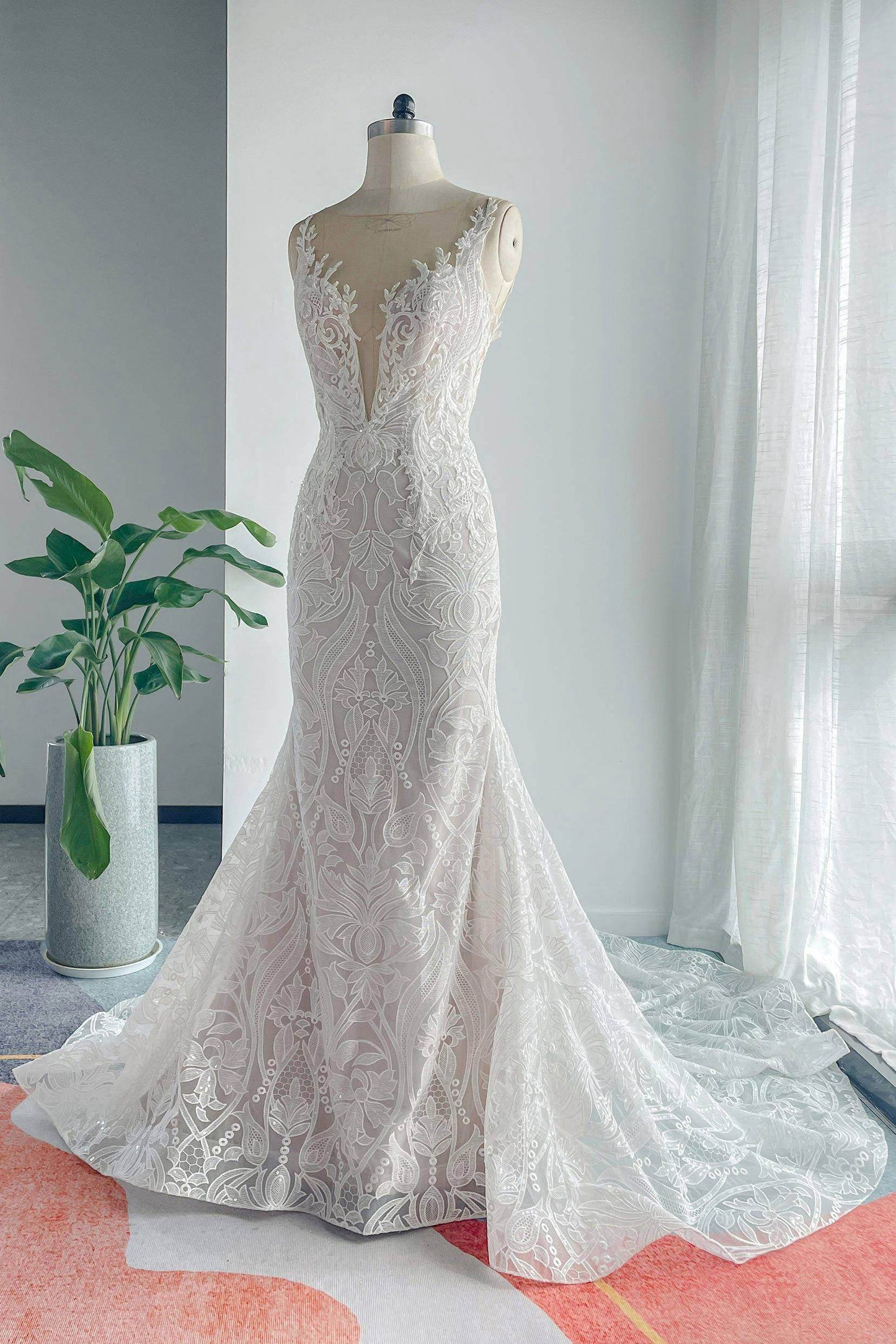 Trumpet-Mermaid Chapel Train Lace Tulle Wedding Dress CW3145