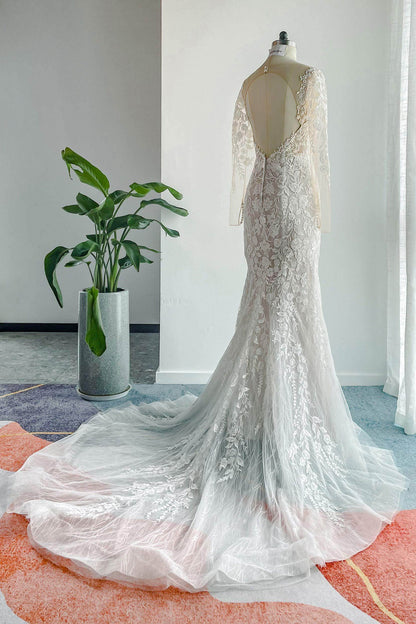 Trumpet-Mermaid Chapel Train Lace Tulle Wedding Dress CW3152