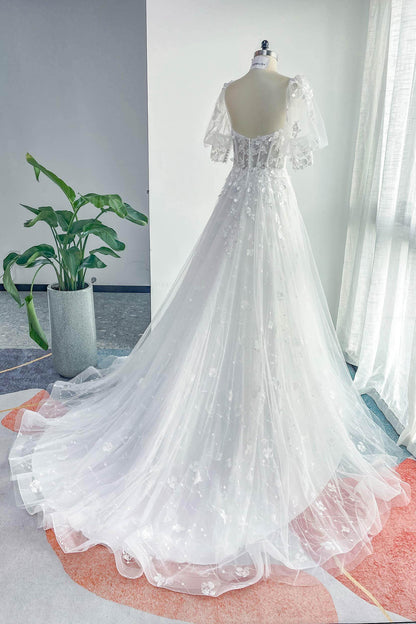 A-Line Court Train Lace Tulle Wedding Dress CW3161