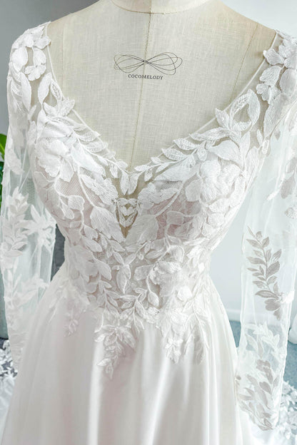A-Line Court Train Lace Chiffon Wedding Dress CW3163