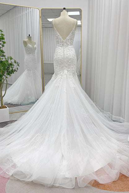 Trumpet-Mermaid Chapel Train Lace Tulle Wedding Dress CW3228