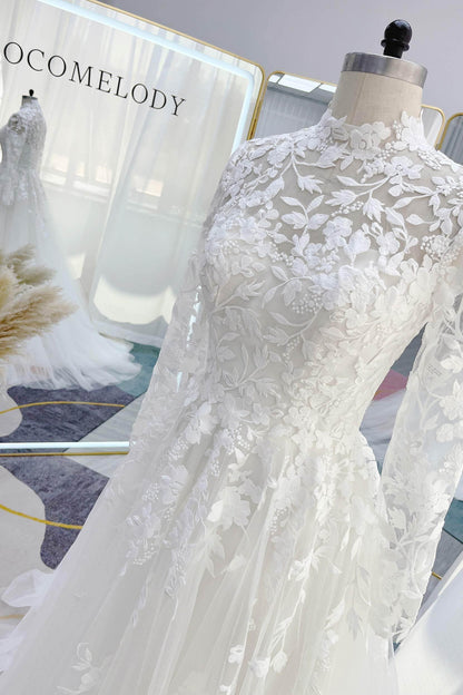 A-Line Court Train Lace Tulle Wedding Dress CW3234