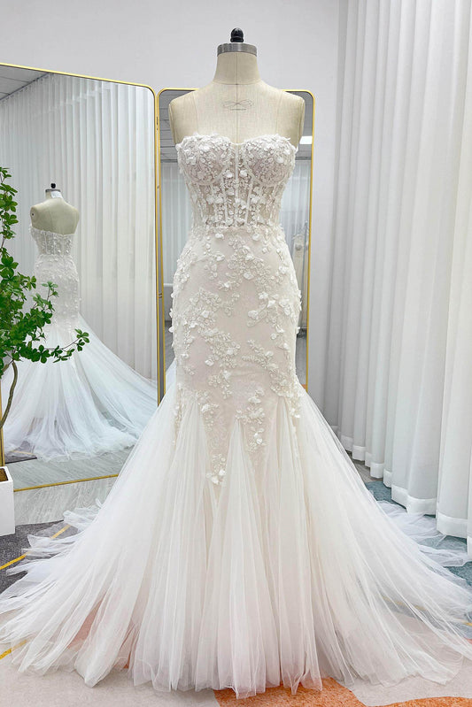Trumpet-Mermaid Court Train Lace Tulle Wedding Dress CW3244
