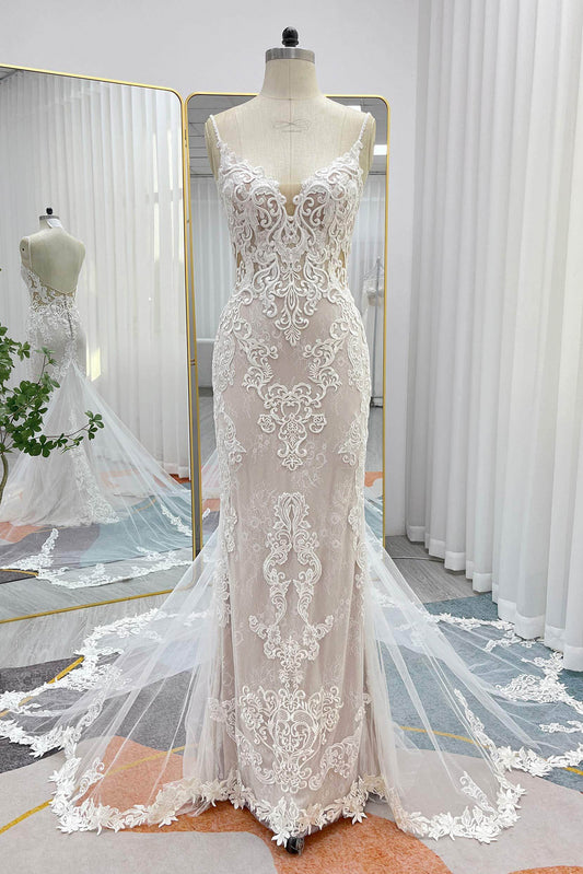 Trumpet-Mermaid Chapel Train Lace Tulle Wedding Dress CW3249