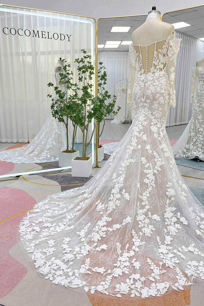 Trumpet-Mermaid Court Train Lace Tulle Wedding Dress CW3250