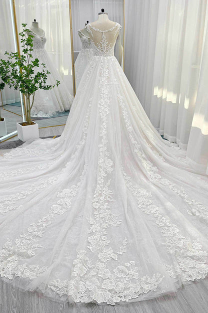 Ball Gown Cathedral Train Lace Tulle Wedding Dress CW3259