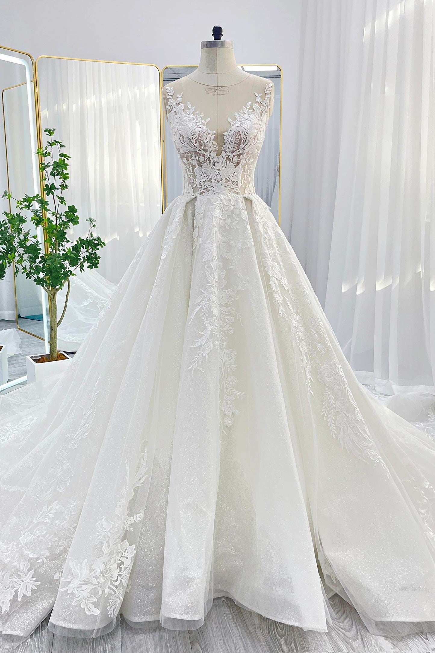 A-Line Chapel Train Lace Tulle Wedding Dress CW3260