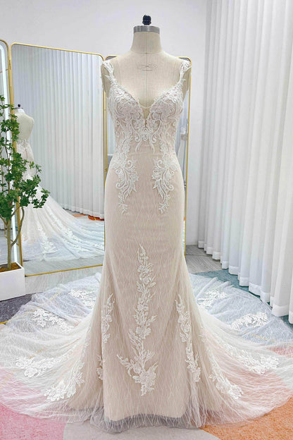 Trumpet-Mermaid Chapel Train Lace Tulle Wedding Dress CW3273