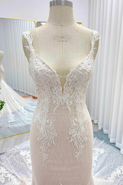 Trumpet-Mermaid Chapel Train Lace Tulle Wedding Dress CW3273
