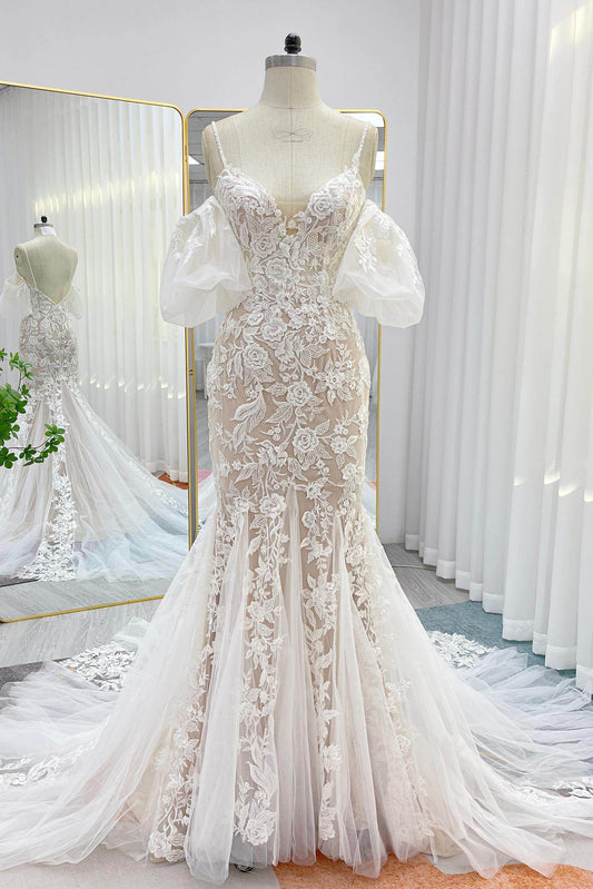 Trumpet-Mermaid Chapel Train Lace Tulle Wedding Dress CW3276