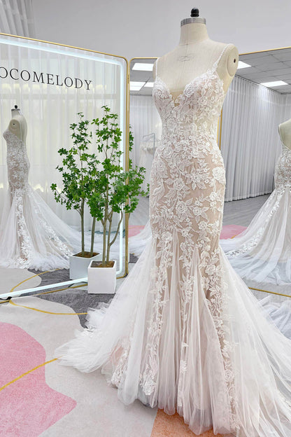 Trumpet-Mermaid Chapel Train Lace Tulle Wedding Dress CW3276