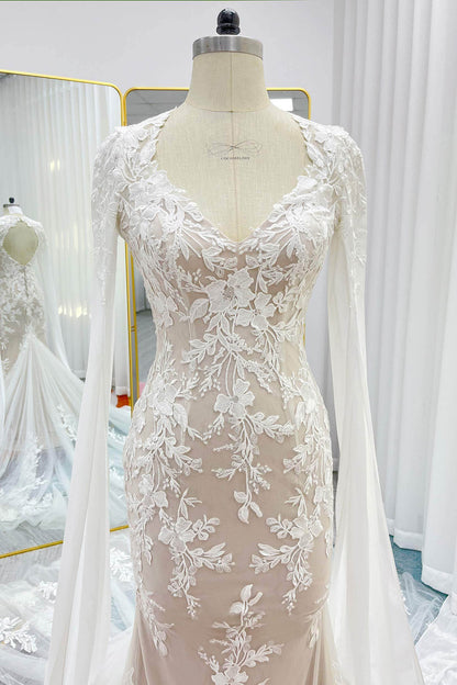 Trumpet-Mermaid Chapel Train Lace Tulle Wedding Dress CW3279