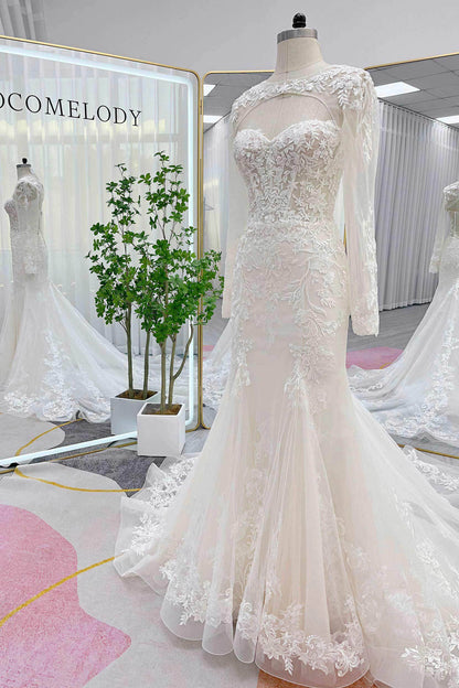 Trumpet-Mermaid Chapel Train Lace Tulle Wedding Dress CW3282
