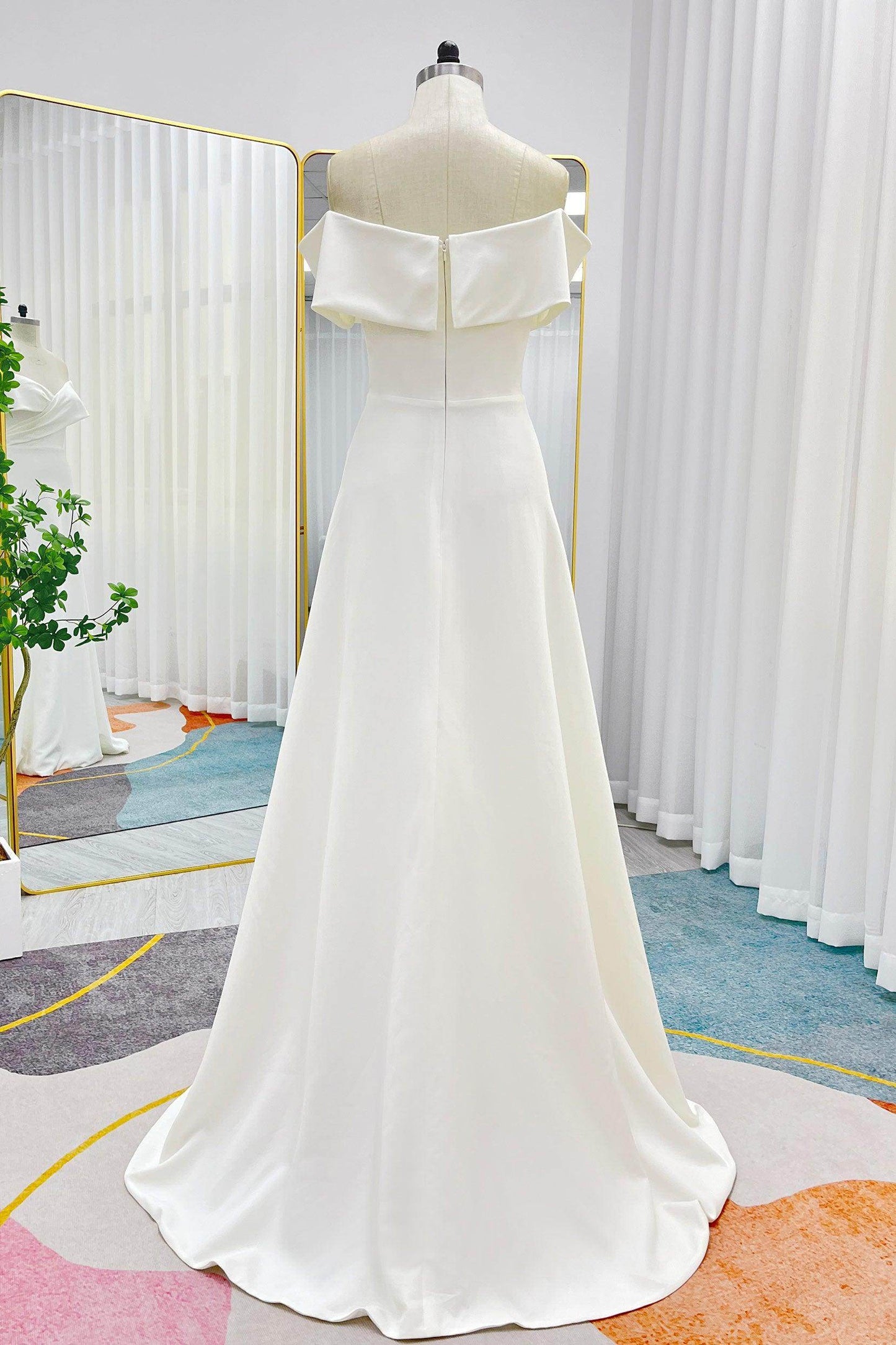 A-Line Sweep-Brush Train Stretch Satin Wedding Dress CW3286