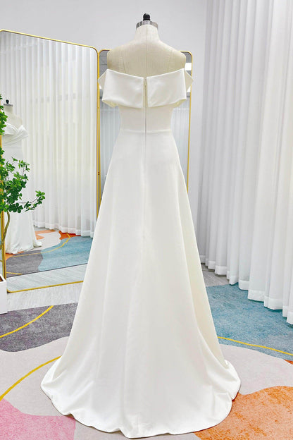A-Line Sweep-Brush Train Stretch Satin Wedding Dress CW3286
